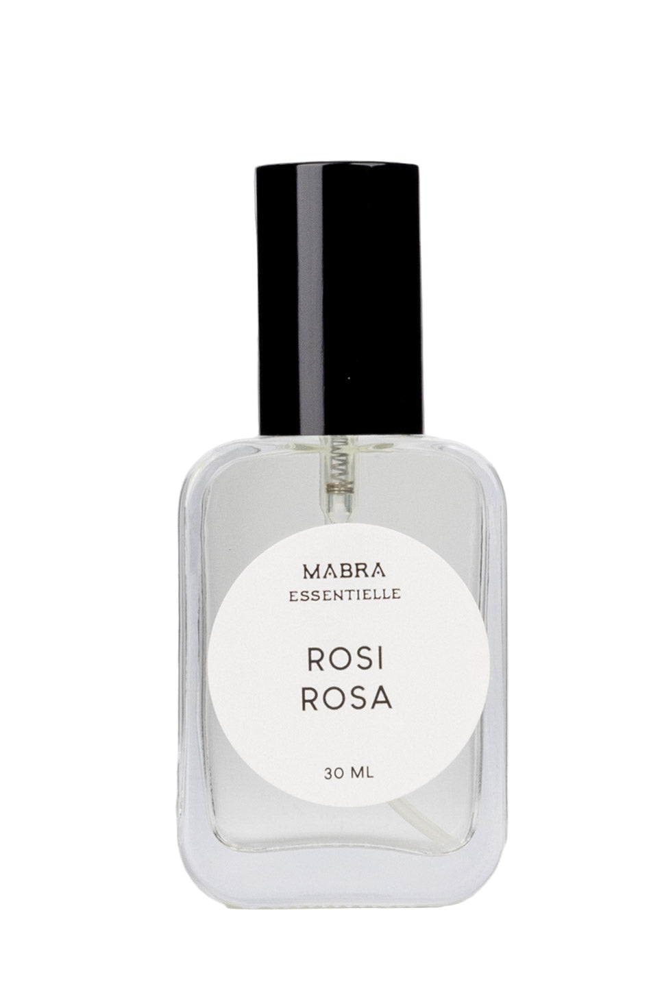 Perfume bottle labeled 'Rosi Rosa' by Mabra Essentielle on a white background