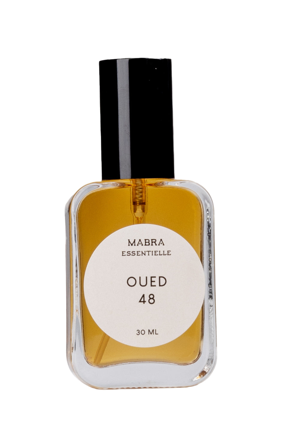Perfume bottle labeled 'Oued 48' by Mabra Essentielle on a white background