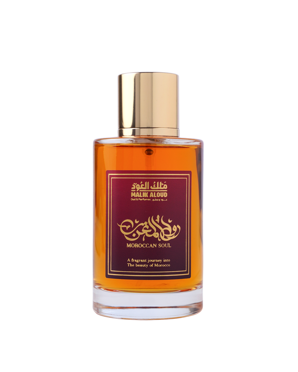 Perfume bottle with gold cap and maroon label on a white background