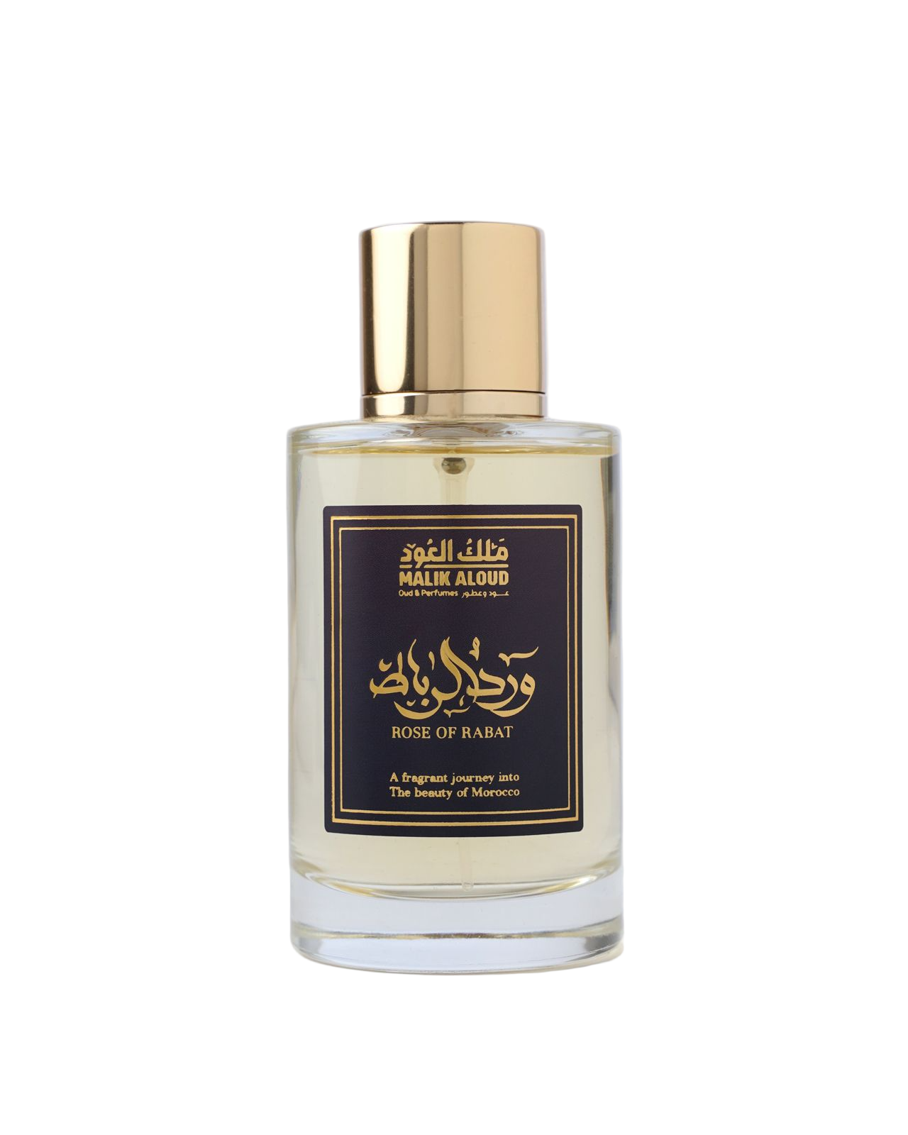 Perfume bottle with gold cap and black label on a white background