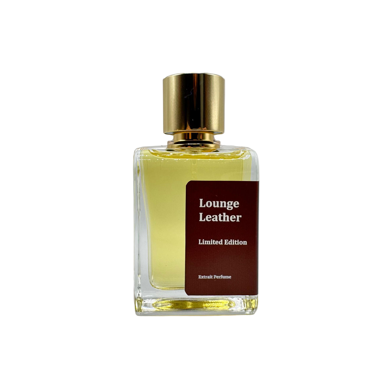 Perfume bottle labeled 'Lounge Leather' with gold cap on a light gray background