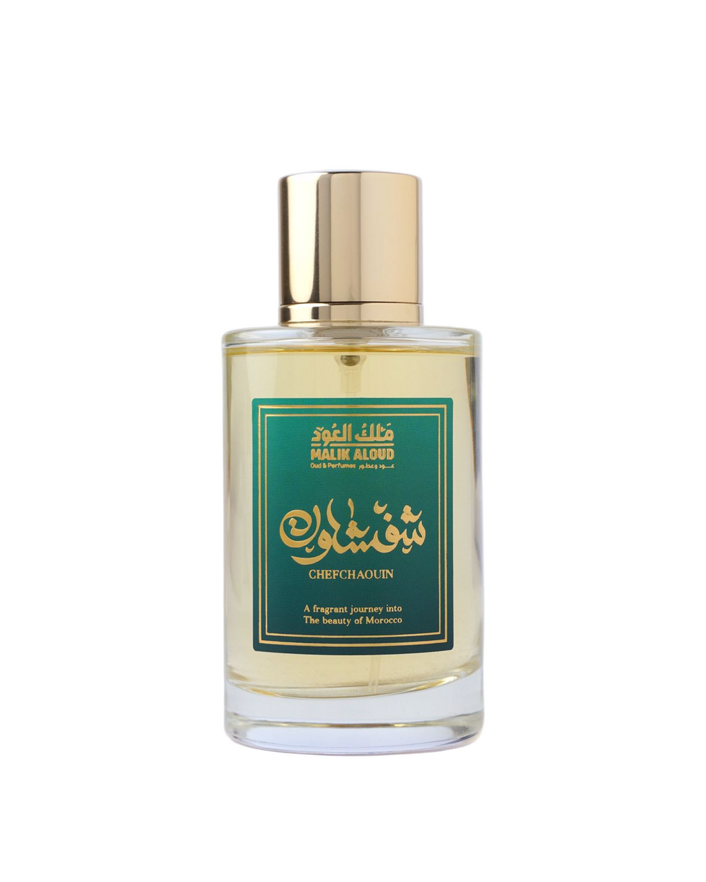 Perfume bottle with gold cap and green label on a white background