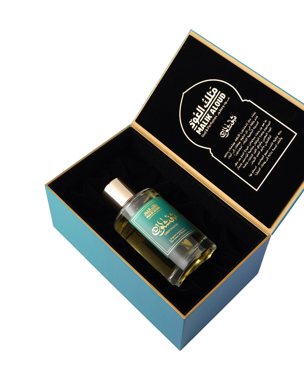 Perfume bottle with green label in an open black box on a white background