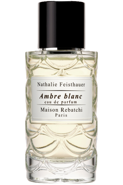 Perfume bottle labeled 'Ambre blanc' by Nathalie Feisthauer from Maison Rebatchi Paris on a white background