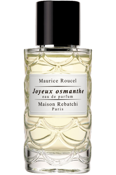 Perfume bottle labeled 'Joyeux osmanthe' by Maison Rebatchi on a white background