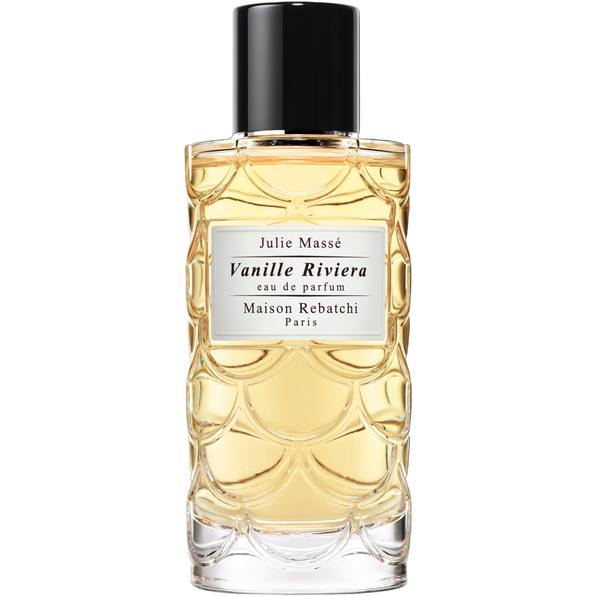 Perfume bottle labeled 'Vanille Riviera' by Julie Massé on a white background
