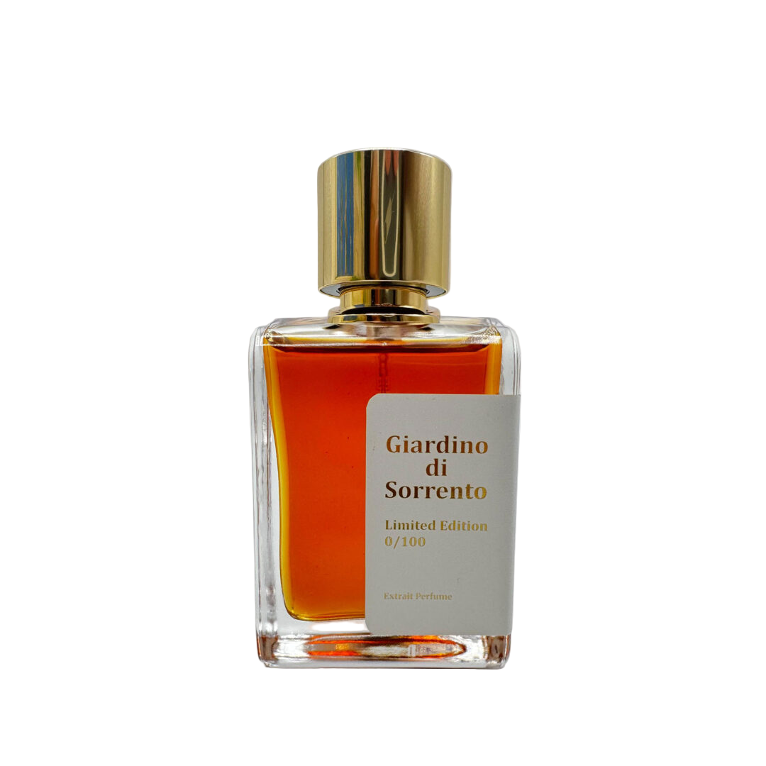 Perfume bottle labeled 'Giardino di Sorrento' with a gold cap on a light gray background