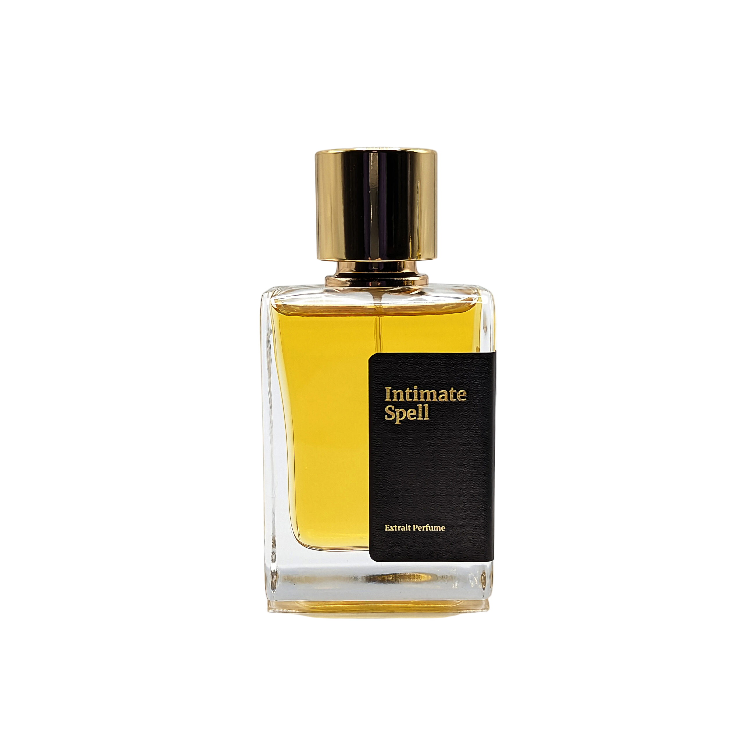 Perfume bottle labeled 'Intimate Spell' on a light gray background