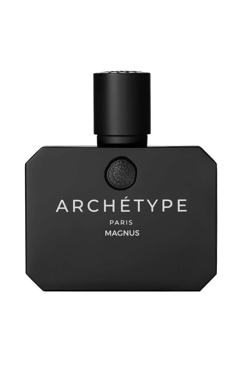 Black perfume bottle labeled 'Archétype Paris Magnus' on a white background
