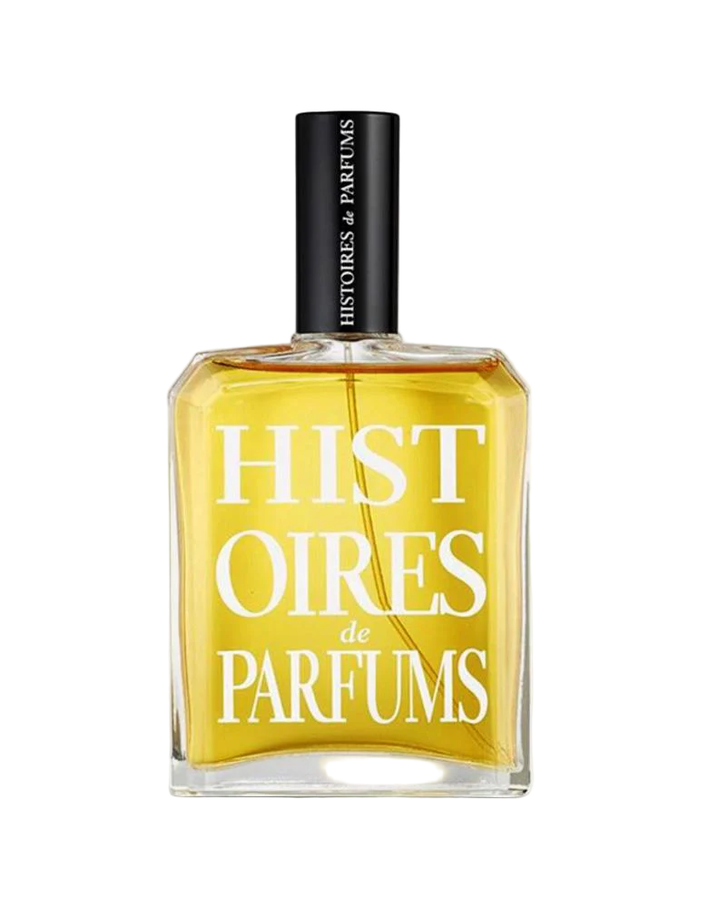 Perfume bottle with yellow label and black cap on a white background