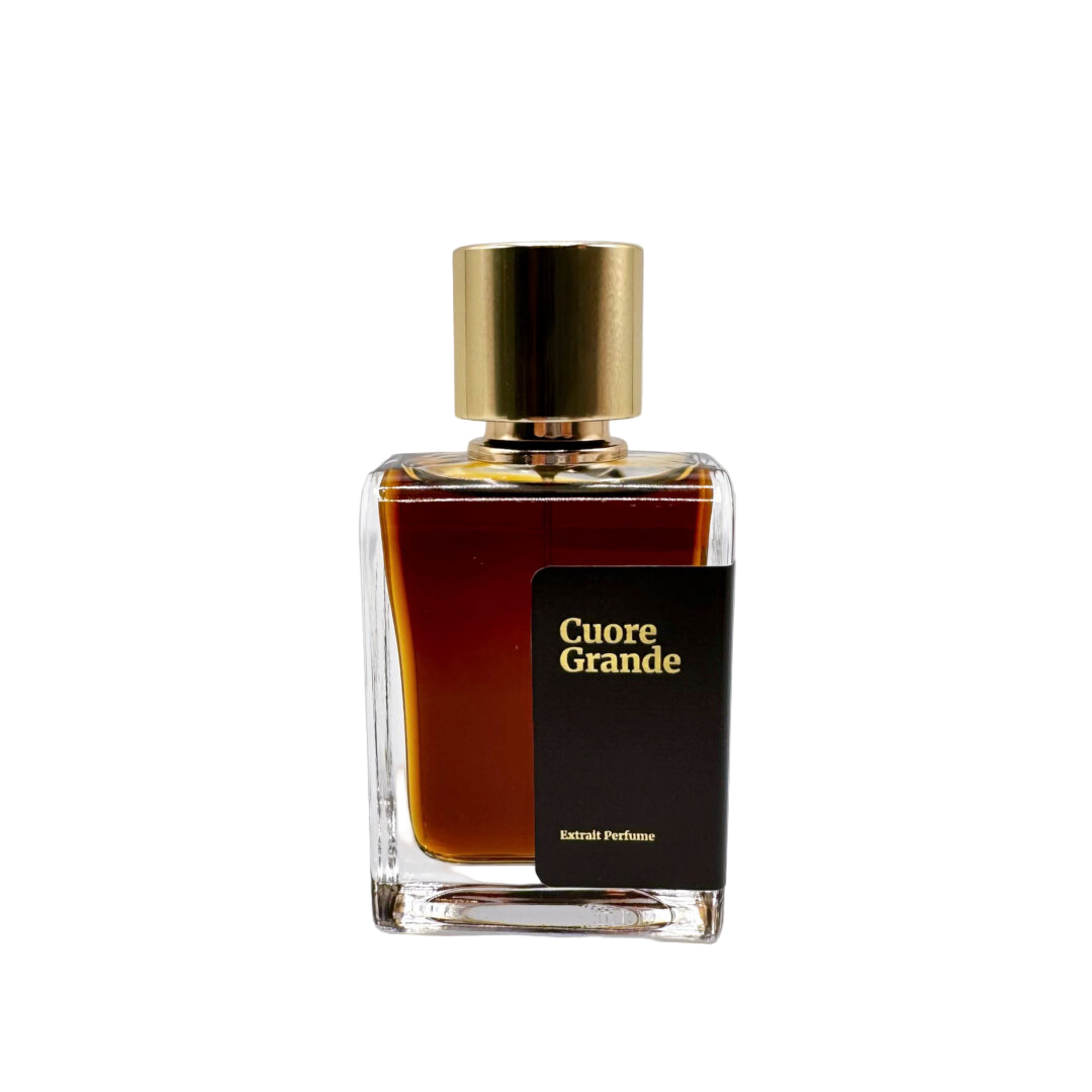 Perfume bottle labeled 'Cuore Grande' on a light gray background