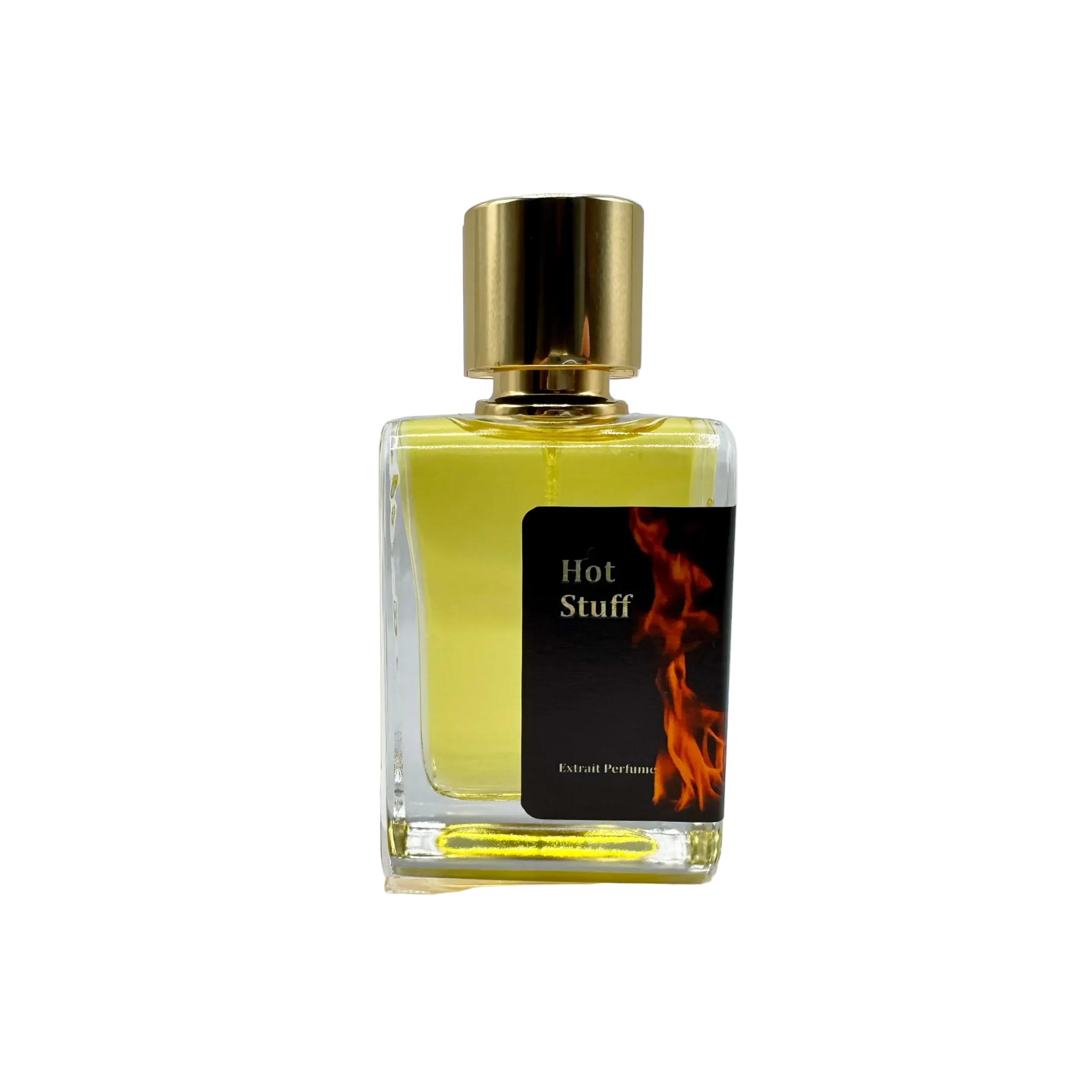 Perfume bottle labeled 'Hot Stuff' with a gold cap on a light gray background